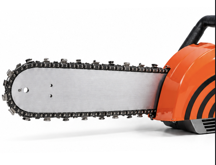Orange chainsaw with a silver blade on a white background