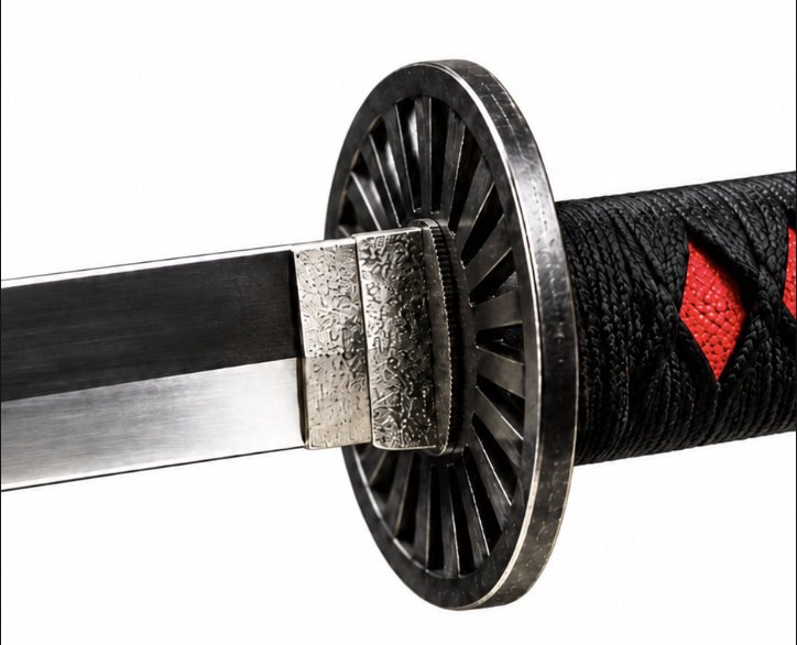 Close-up of a black sword guard and black handle with red accents on a white background